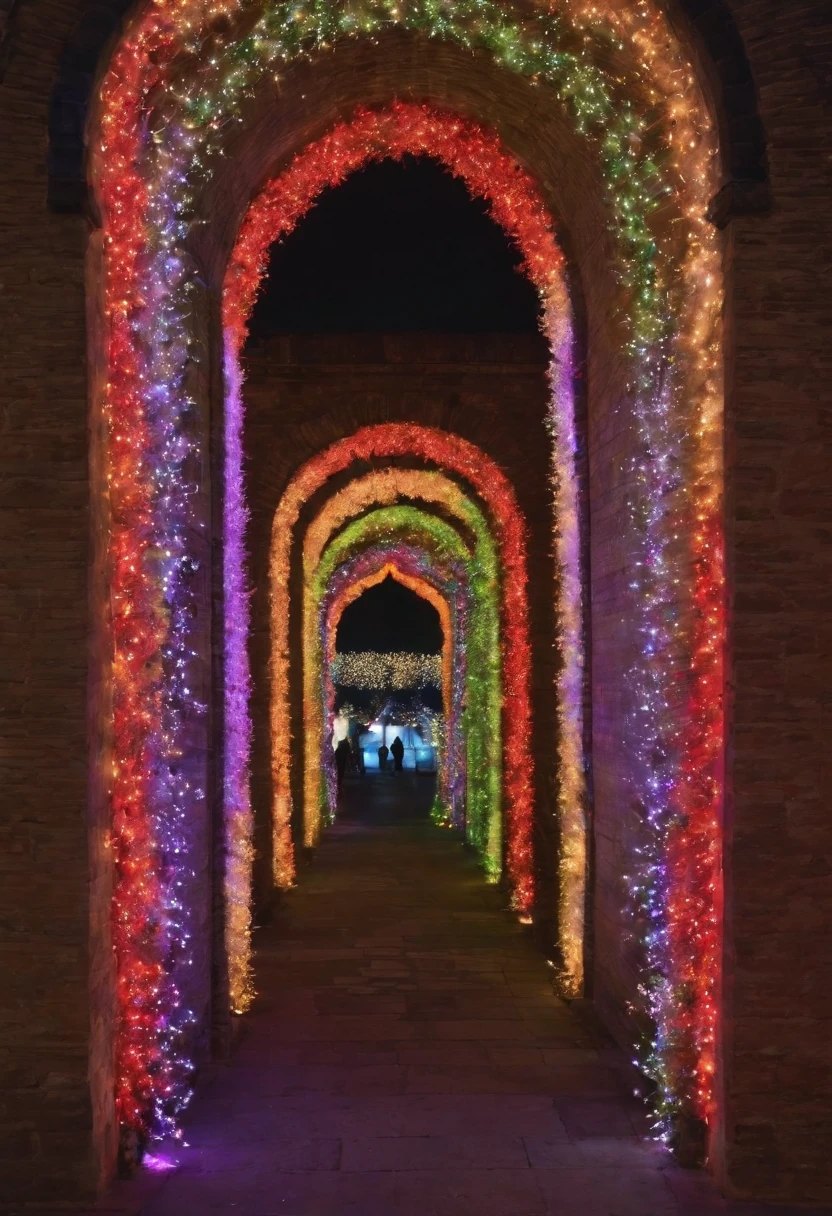 stunning christmas illuminations、Glowing lighting、illuminated tunnel、1,0 million LED lights shine、Seven colored lighting、Seven colored lighting、Seven colored lighting、Illuminated、Illuminations spread across the walls of the building