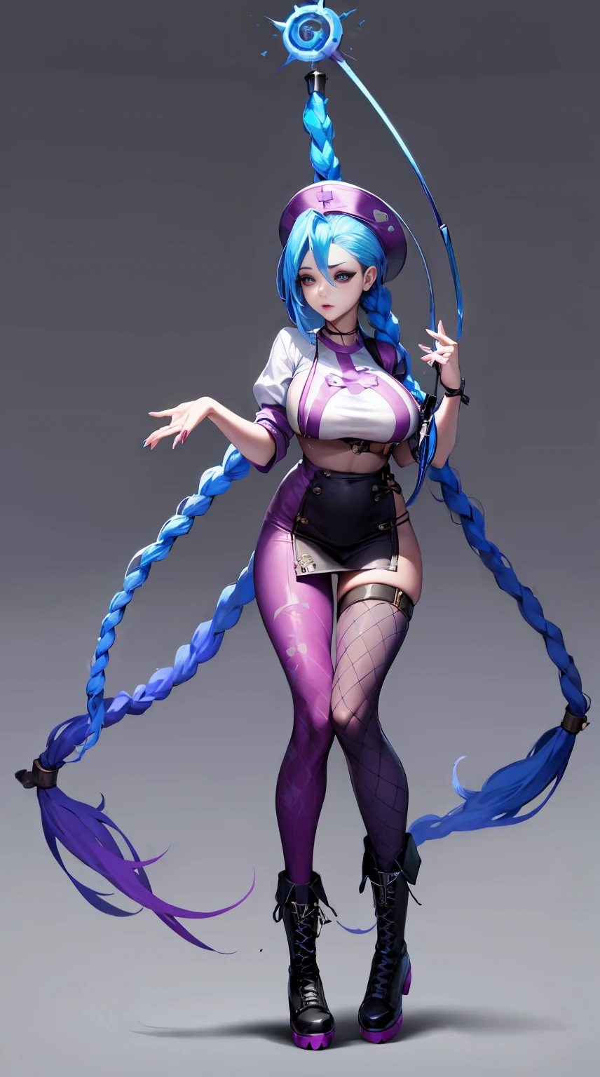 Jinx nurse,nurse hat,(White nurse costume),Rose tattoo,big laughter,Blue twist braid,With a huge needle,The needle stands taller than a person。Runaway Lori,League of Legends ,de cuerpo completo,(kneehigh boots)),purpleish color,(fishnet leggings),(standing on your feet),The background is dark and tough,There is a sense of danger and intensity。