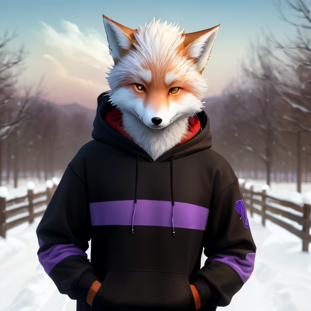 a anthro snow fox,  his hoodie is black, he looks at us with his glowing purple eyes, shushing at us