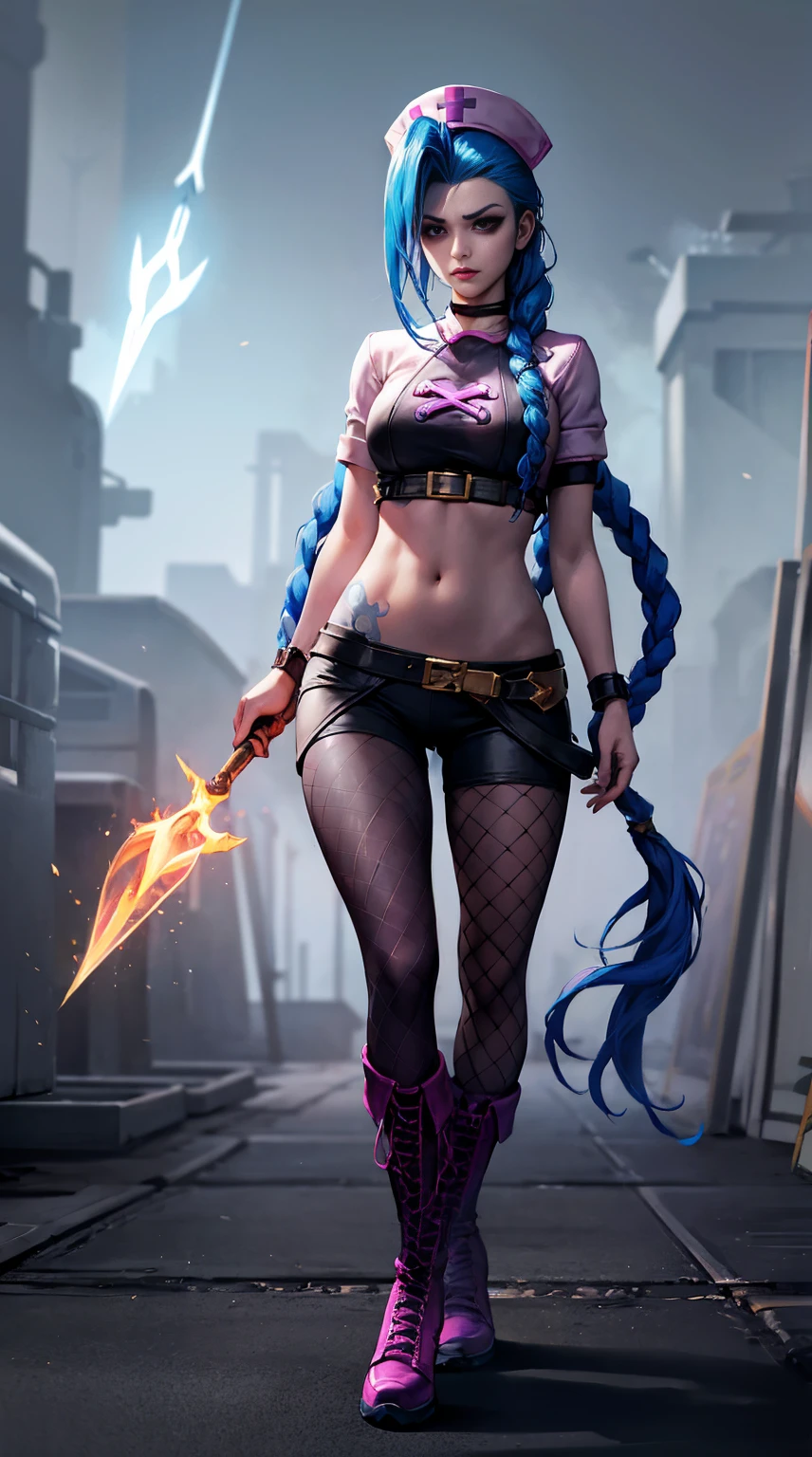 1girl,bikini jeans, ponytail ,pink hair, purple eyes, magic circle, blue flames, wallpaper, landscape, blood, blood splatter, depth of field, night, light particles, light rays, sidelighting, thighs, fate \(series\), genshin impact, ****, open jacket, skirt, thighhighs,