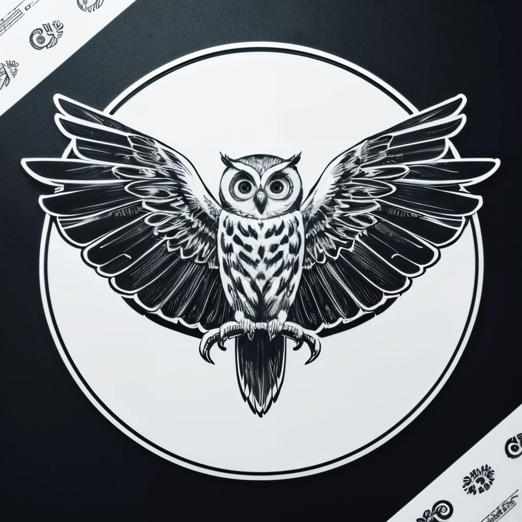 ((A logo))、(Symbol mark)、owl、Spread wings、The wings are also elaborately made..。black and white line drawings