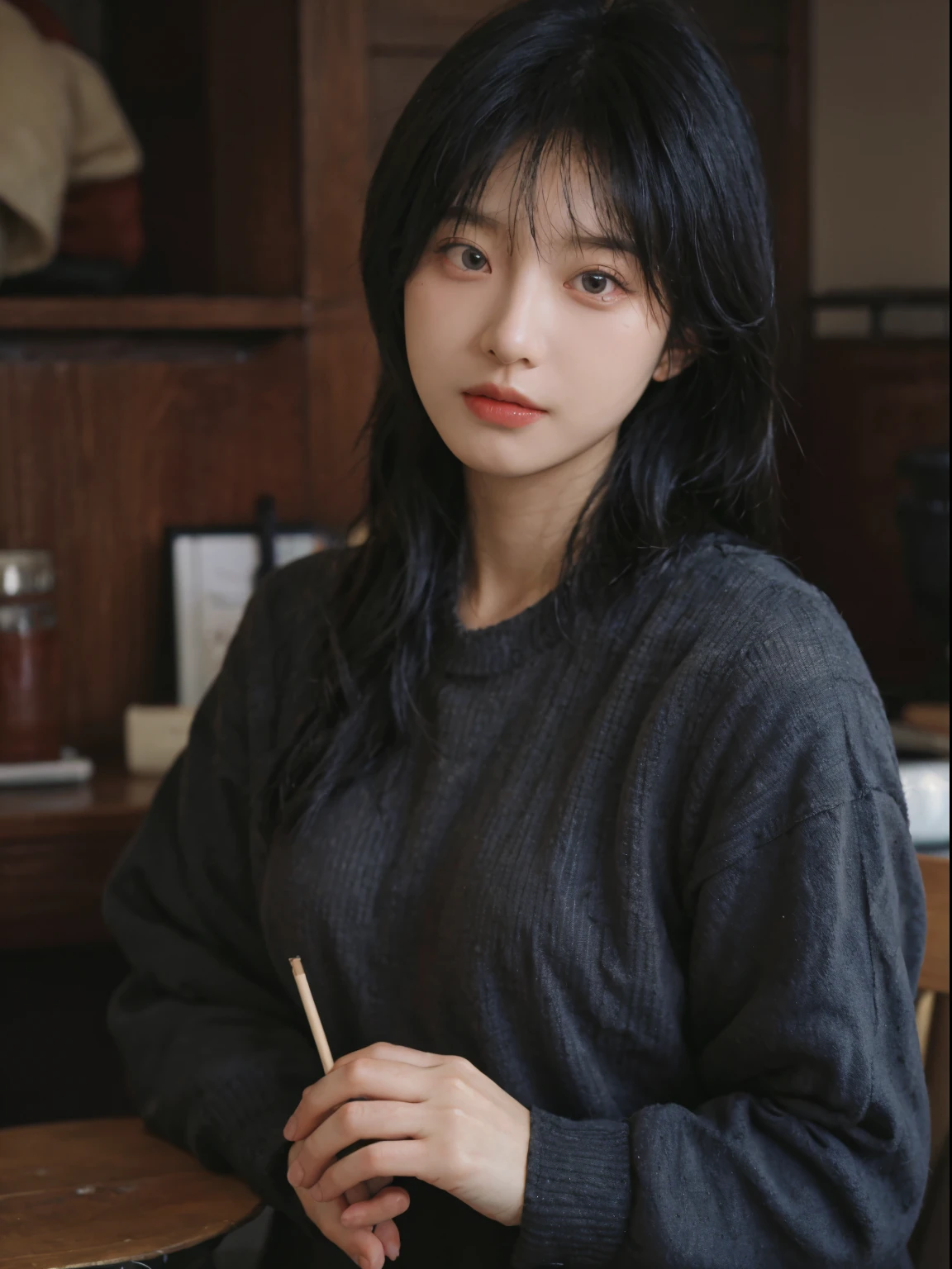 Best quality, 超高分辨率, (realistically:1.4), A woman with long black hair and a gray sweater, The middle view is, JK school uniform,under a ray of sunshine,She has black hair,through bangs, young lovely Korean faces, Cute Korean face, Urzans, Shin Jinying, beautiful aesthetic face, Korean facial features, Played by Liu Li Zhien ,beautiful realistic face