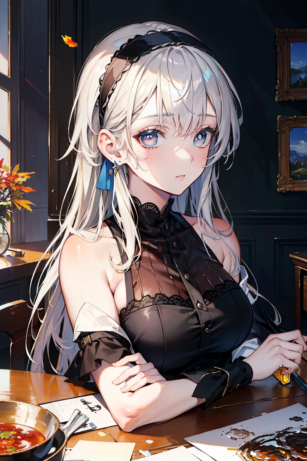 (8k, best quality, masterpiece: 1.2), (best quality: 1.0), (ultra-high resolution: 1.0), watercolor, a beautiful woman, (shiny pupils,blue pupils),shoulders, headband, Agnes Cecil, bust portrait, extremely bright design, pastel colors, autumn lights, moody gray, gritty style style Alexei Savlasov, Ivan Shishkin, Ilya Repin, (card retouching: 1.2), 2d, (oil painting: 1.2) highly detailed