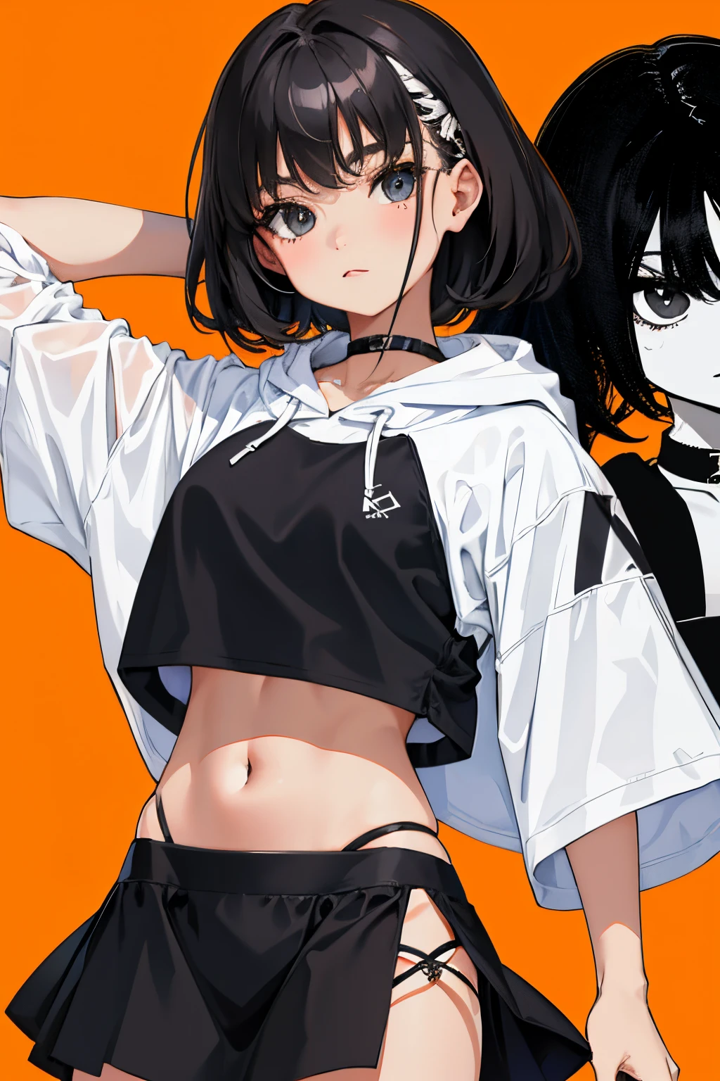 (child),(masterpiece,Highest Quality),Crop Top Look,Short sleeve hoodie,(Black mini skirt with gingham check),A dark-haired