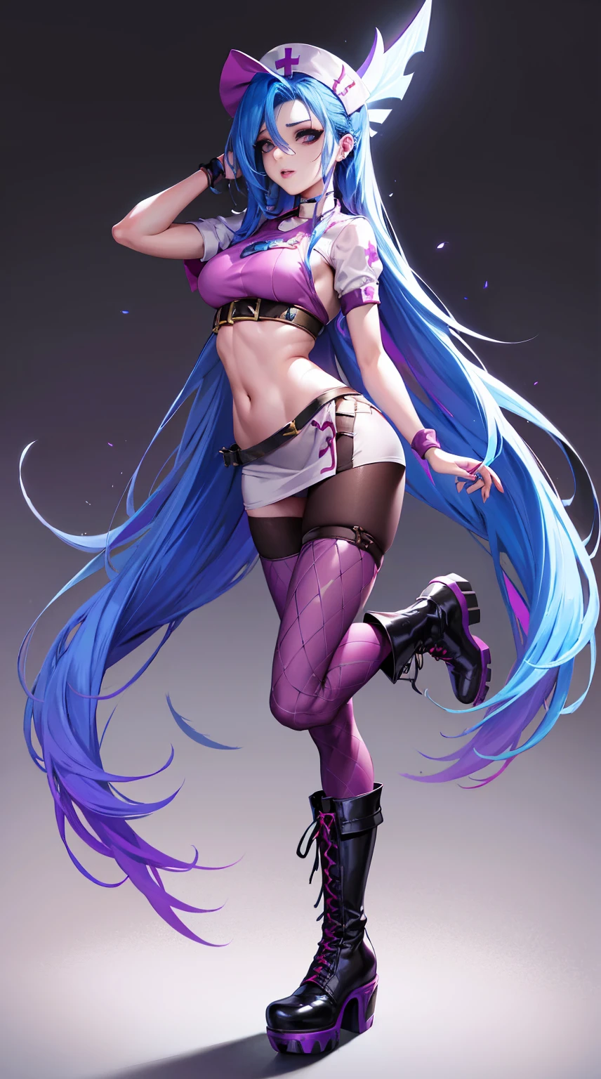 League of Legends ,Jinx nurse,nurse hat,White nurse costume,Runaway Lori,de cuerpo completo,(kneehigh boots)),purpleish color,(fishnet leggings),(standing on your feet),The background is dark and tough,There is a sense of danger and intensity。
