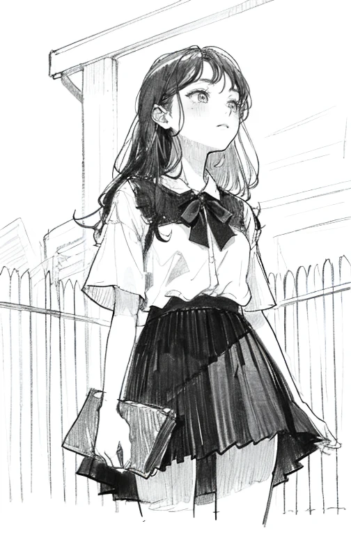 1girl in,line-drawing,monochromes,sketch,Pencil drawing,Traditional Media,1girl in, black skirt fence, long hair shirt, Short sleeves, Skirt, Solo、Standing, (Cute teenage woman, Solo),Beautiful portrait、Delicate body、full bodyesbian、look up to、