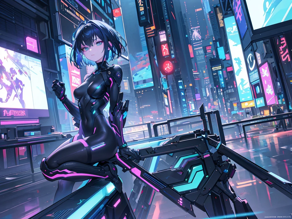 {{masterpiece,Best Quality}}, top-quality, Delicate background,delicated face,Super delicate,Ultra-detailed CG Unity,8k wallpaper, lensflare, (colourfull:1.5),Back shot,Detailed beautiful eyes,a 20 yo woman,Bery short hair,sending hair,Cool Face,((Black and blue hair)),glowing green and purple eyes,abdominals,Big piercings,Overjacket,damage jeans,cyberpunked,a hologram,Neon lights flying around,nighttime scene,Perfect human body structure,On top of the building,Sit on the steel frame,stare at the building,Shining Buildings,Cyberpunk City,From above,from distance,