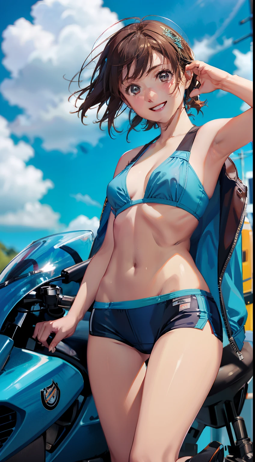 anime girl on a motorcycle wearing a short blue dress and blue leather bra, breasts, shorts, blurry background, 1girl, race queen, brown hair, blurry, smile, navel, looking at viewer, outdoors, skindentation, day, solo focus, bikini, brown eyes, swimsuit