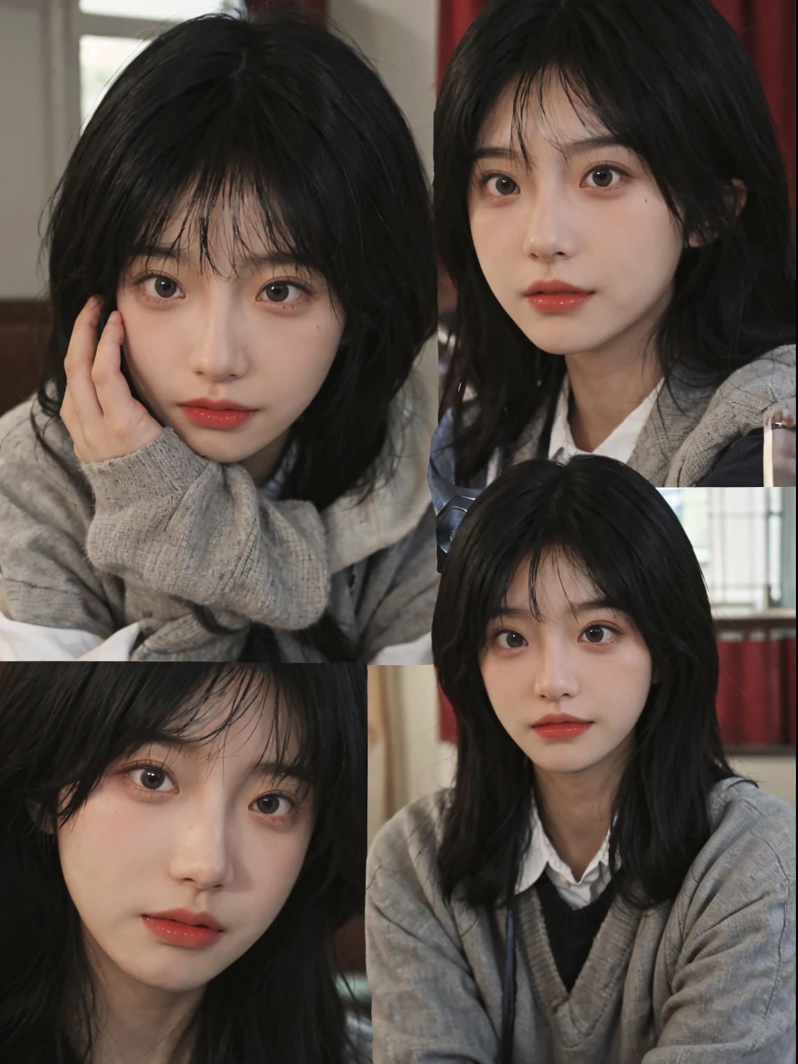 Best quality, 超高分辨率, (realistically:1.4), A woman with long black hair and a gray sweater, The middle view is, JK school uniform,under a ray of sunshine,She has black hair,through bangs, young lovely Korean faces, Cute Korean face, Urzans, Shin Jinying, beautiful aesthetic face, Korean facial features, Played by Liu Li Zhien ,beautiful realistic face
