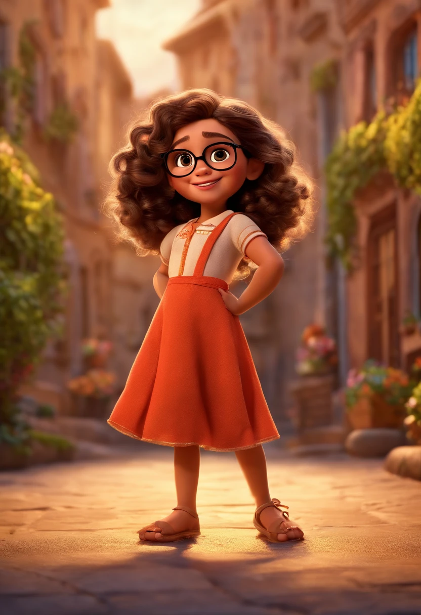 Pixar style image with 3D character lilac glasses 5 year old girl with bow brunette curly hair flowing black brown eyes snub nose dancing insert family from the movie charm into the background image from the movie charm, Maquiagem Disney, Pescador, bonitinho, sorridente, charming movie family, Close-up, Pixar, Disney, Cinema lighting
