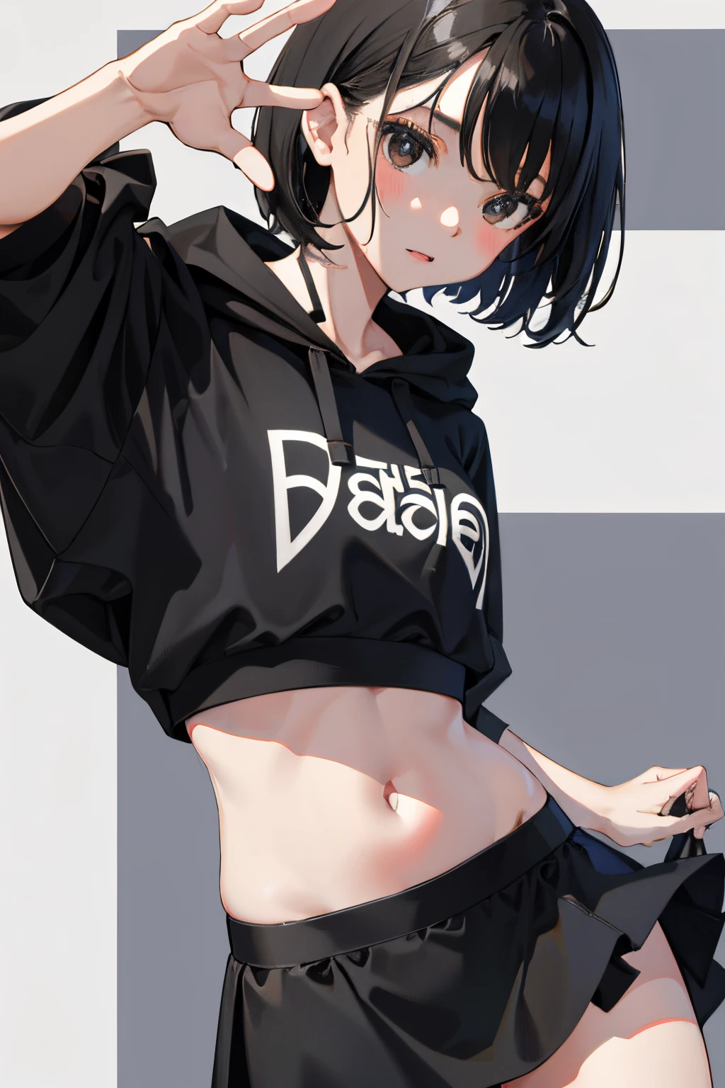 Dancing，(child)，（​masterpiece，Highest Quality），Crop Top Look，Short sleeve hoodie，(Black mini skirt with gingham check)，A dark-haired