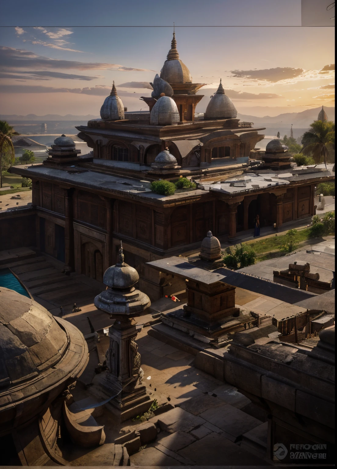 Ancient mega indian structure, silver triangle shape arrow roof, extra large extra overhang of the roof, on the roof reservour in the front sideand right side of the roof, 3 half circle dome on the second floor, 3 half circle dome on the first floor, 3 half circle dome on the ground, in the front a big pond, 8k.