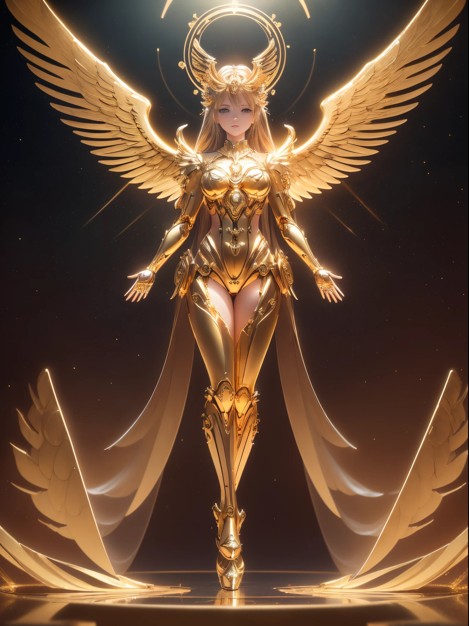 Mechanical style,Gold Theme,(1 mechanical beautyful girl angel,anatomically correct,full body,halo,golden wings,standing,circular base), 
Zodiac background, sky, cloud, galaxy, (3D render,Best quality, high detailed, Masterpiece, offcial art, Cinematic Lighting, 4K, Chiaroscuro), (hands Up)