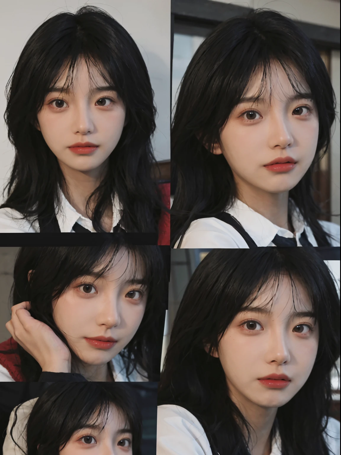 Best quality, 超高分辨率, (realistically:1.4), A woman with long black hair and a gray sweater, The middle view is, JK school uniform,under a ray of sunshine,She has black hair,through bangs, young lovely Korean faces, Cute Korean face, Urzans, Shin Jinying, beautiful aesthetic face, Korean facial features, Played by Liu Li Zhien ,beautiful realistic face