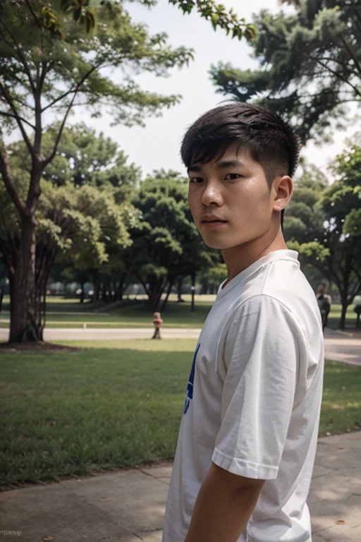 In front of school, walking on the road, carry a backpack,walking of shame , embarrassed boy , eyeglasses,shirtless thin, skinny age handsome thai-Korean merchant boy wearing a orange underwear , standing to many students, sunset light