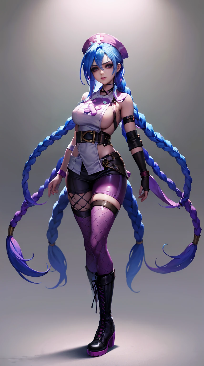League of Legends ,Jinx nurse,nurse hat,white colors,nurse costume,Twist braids,Runaway Lori,de cuerpo completo,(kneehigh boots)),purpleish color,(fishnet leggings),(standing on your feet),The background is dark and tough,There is a sense of danger and intensity。