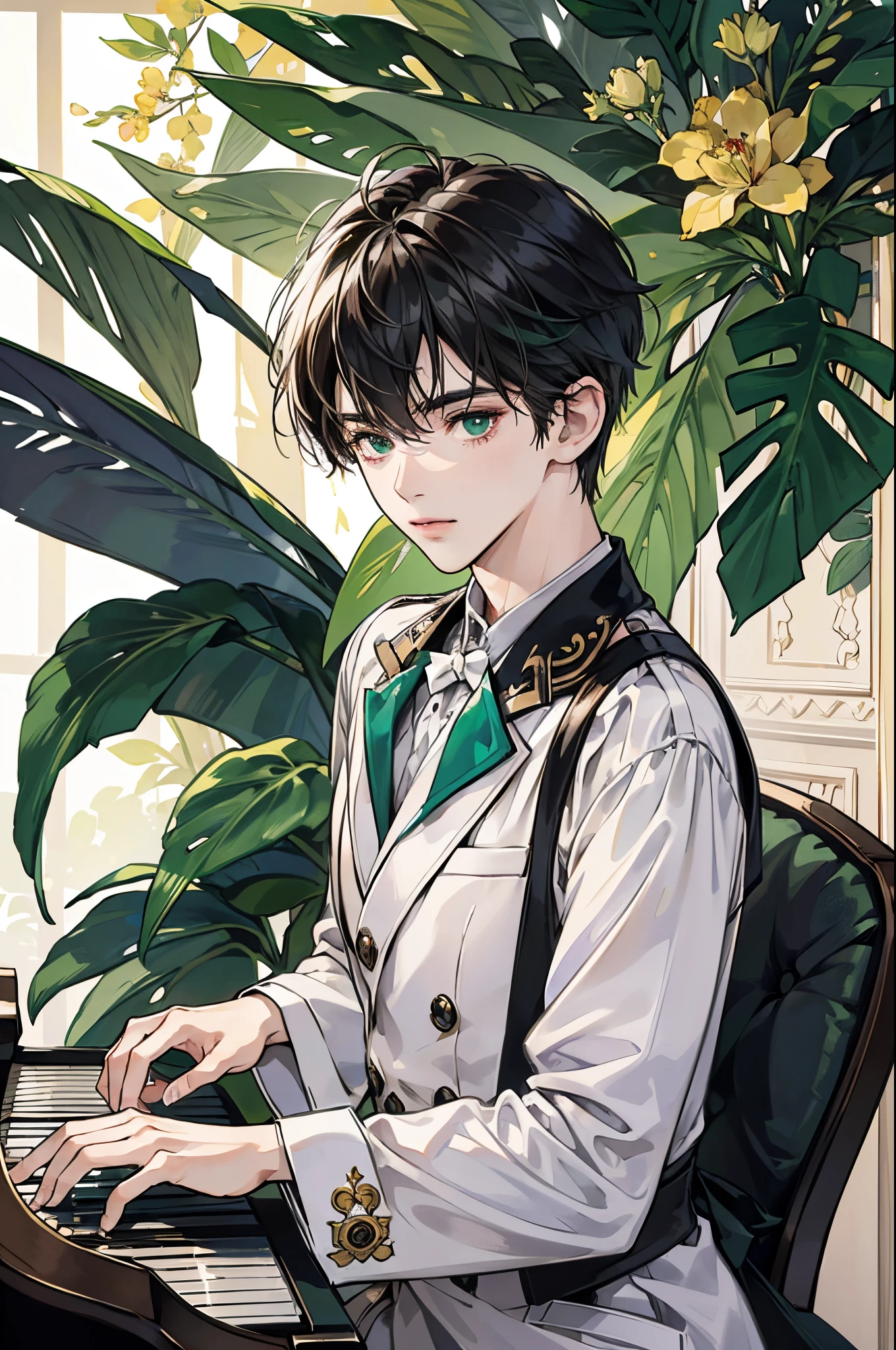 (absurderes、hight resolution、ultra-detailliert)、1boy、Man playing the piano, 18 instars、Black hair with green inner color、fancy white tuxedo with green decorations、brown sunglasses、finely eye and detailed face、the Extremely Detailed CG Unity 8K Wallpapers、intricate-detail、、maturity、Symmetrical pattern、vivd colour、Dynamic Composition BREAK、expressive body language、Quiet storytelling、、 visual narratives、