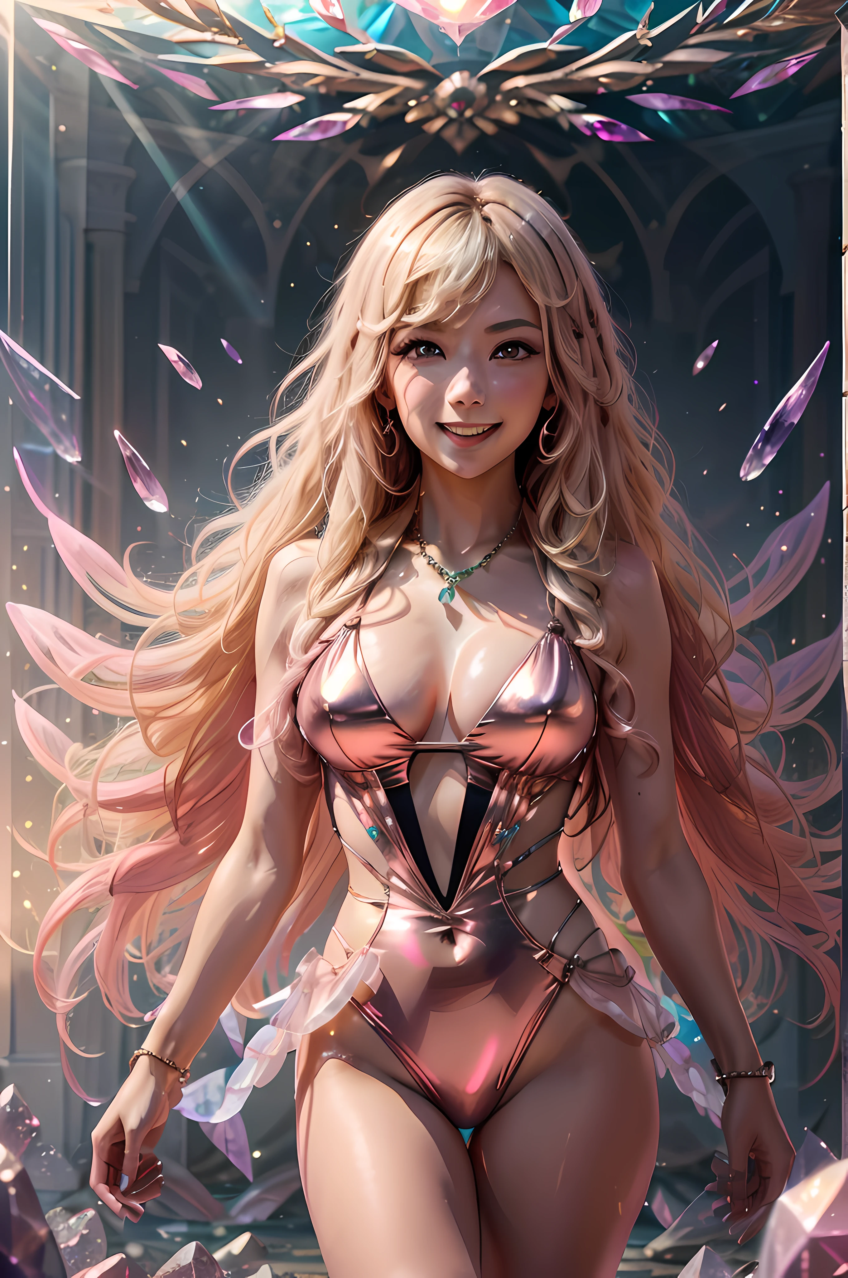 Seraph female waist shot, Convoluted, Slender face, Elegant, (Marin Kitagawa,Open your mouth,huge smile,gals,Platinum Blonde Hair, Long hair, multicolored hair, Draw the red eye in detail, pink jewelry, (Clarity Metallic Pink Match_Swimsuit),both hands behind head:1.2), amethyst bangle,wearing an amethyst necklace, white light leotard,Facing Camera, Highly detailed,accurate and perfect anatomy,Digital Painting, art stations, Concept art, Smooth, Sharp Focus, Illustration, art by artgerm and greg rutkowski and alphonse mucha, 8K, Volumetric fog,(kaleidoscopic imagery,Target pattern), bloom, kaleidoscope pink rays, lumen, Crank bokeh,(rystallineAI),(phcrysta),(A mysterious, majestic, and beautiful temple surrounded by pink light, made up of a pink crystal ceiling, pillars, and floor.)