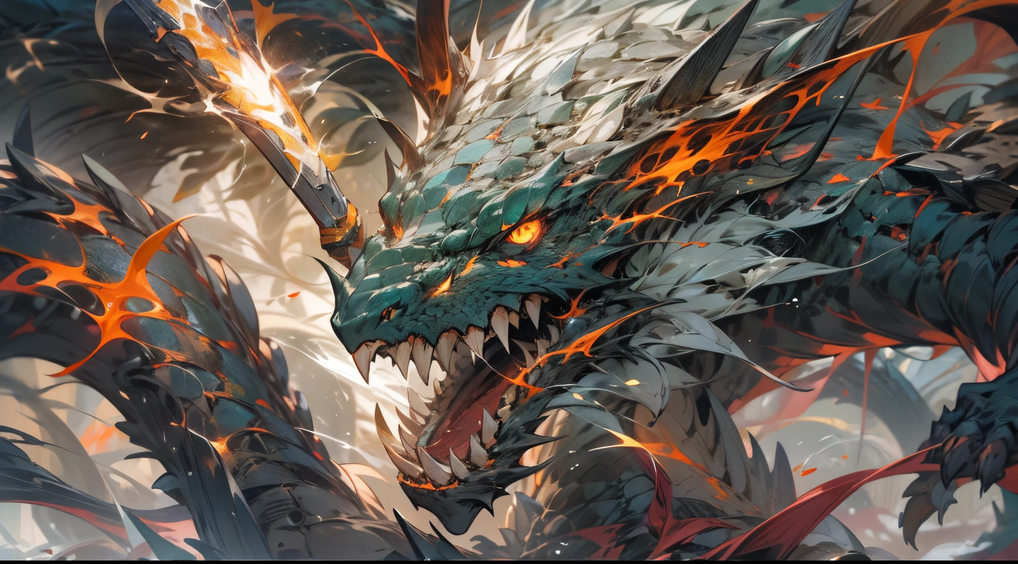 (tmasterpiece, Best quality), (The pupils burn like flames), (Monster face with ferocious vivid details,Vivid details of the monster's face,The depiction of monsters is extremely detailed's face:1.1), Mechanized Dragon,surrounded by thick fog,,8K分辨率,pervert'masterpiece ng,Red deciduous leaves,Fantasy, Powerful energy flow effect, Splash splinter and lightning effects,Mechanically constructed dragons,huge broken weapon,Roaring dragon,Glowing scales,Erupting steam,Black smoke,White scales,Cyan eyes,Lush hair,shining eyes,raiden