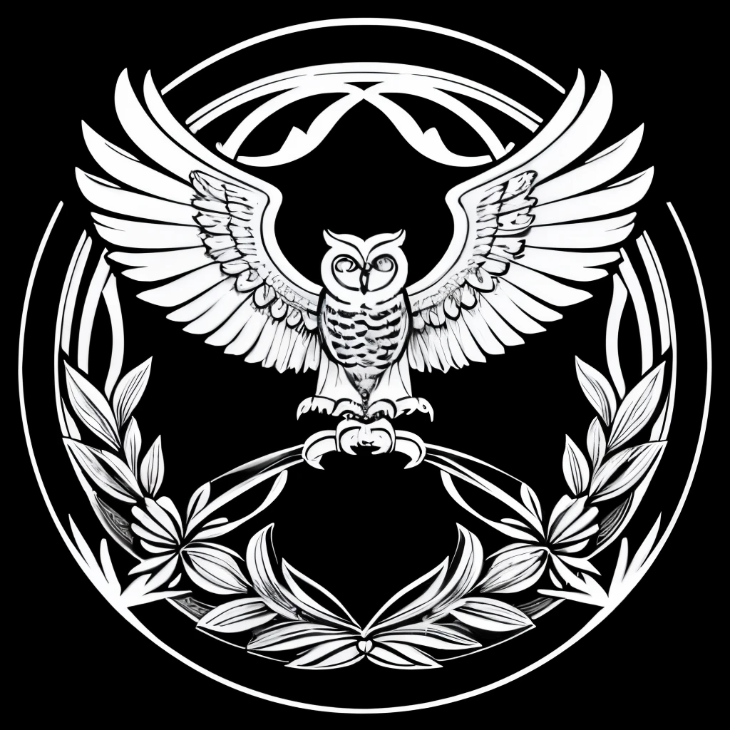 ((A logo))、(Symbol mark)、owl、Spread wings、The wings are also elaborately made.....。black and white line drawings、bilaterally symmetrical