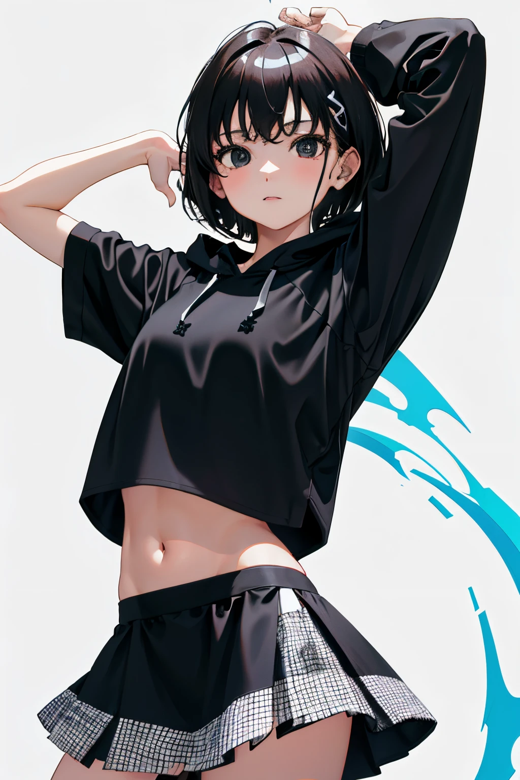 Dancing,(),(masterpiece,Highest Quality),Crop Top Look,Short sleeve hoodie,(Black mini skirt with gingham check),A dark-haired