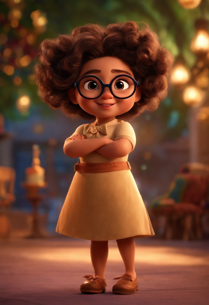 Pixar style image with 3D character 5 year old girl with lilac glasses with bow brunette curly hair flowing black brown eyes snub nose dancing insert family from the film enchantment into the background image from the film enchantment, Maquiagem Disney, Pescador, bonitinho, sorridente, charming movie family, Close-up, Pixar, Disney, Cinema lighting