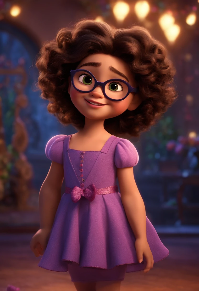 Pixar style image with 3D character 5  girl with lilac glasses with bow brunette curly hair flowing black brown eyes snub nose dancing insert family from the film enchantment into the background image from the film enchantment, Maquiagem Disney, Pescador, bonitinho, sorridente, charming movie family, Close-up, Pixar, Disney, Cinema lighting