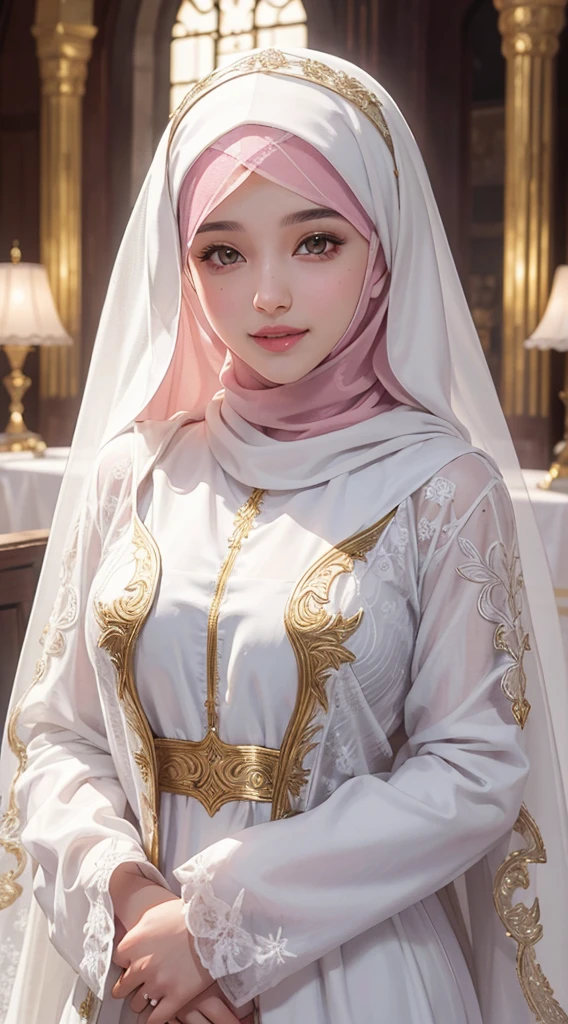 Bella, a veiled girl wearing a white hijab, a hidden hijab, a religious girl, a respectable girl wearing a white abaya with golden decorations and engravings, hazel eyes, white skin, pink lips, a refreshing smile, a lively girl, a movie scene, high resolution, high quality.