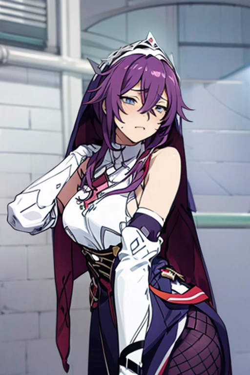 long hair, mole under mouth, purple hair, single braid, hair between eyes, aqua eyes, sharp teeth, ahoge, blush, cowboy shot, rosaria (genshin impact), 1girl, nun, (gigantic breasts), veil, bare shoulders, (white detached sleeves), ((fishnets)), (fishnet pantyhose), upper body, standing, (masterpiece, high quality, best quality), (colorful),(delicate eyes and face), bust shot ,extremely detailed, solo, anime_style