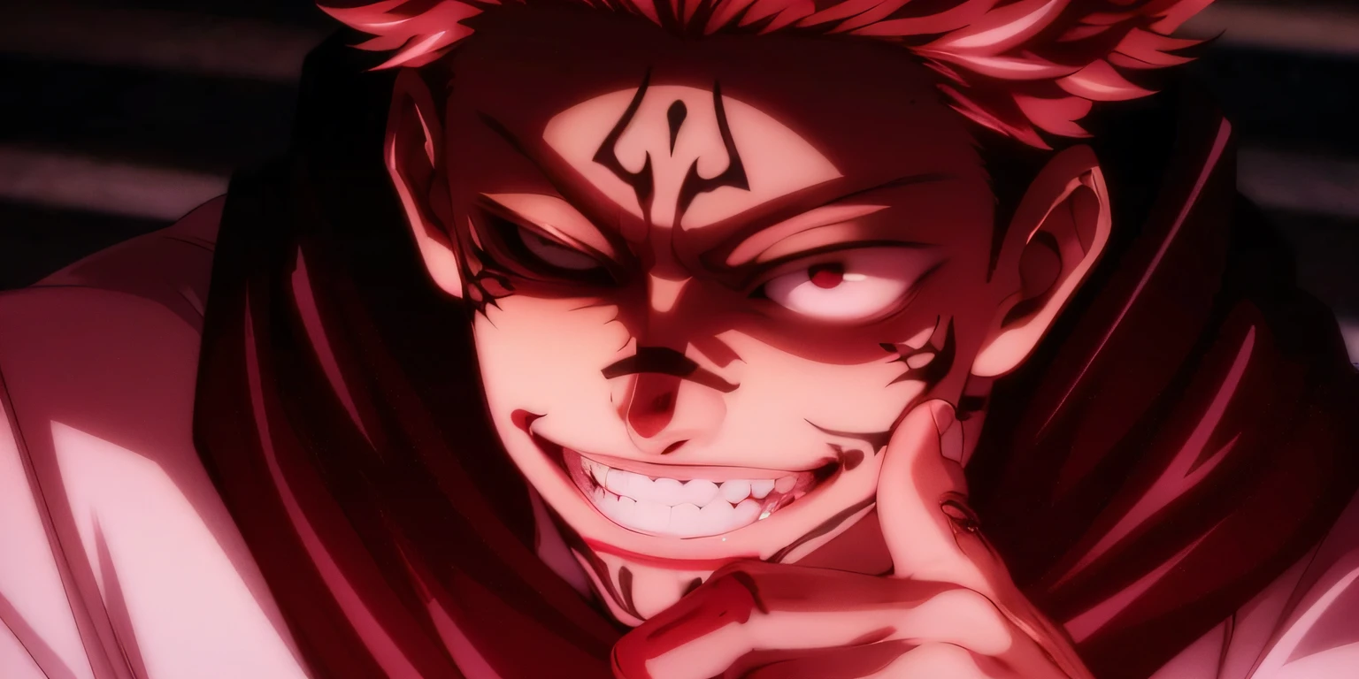 sukuna, jujutsu kaisen, demon, lots of blood, big nails, marks on face, rose hair , red eyes , revenge ,muscles, itadori yuji, smiling, one eye open another closed
