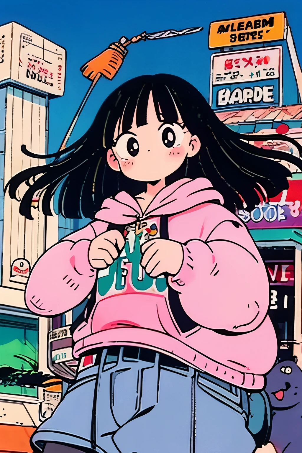 ​masterpiece、8K、32K、top-quality、(A cute Japanese woman:1.3)、detail portrayal、1 girl in、elegent、23years old、(Black hair bangs)、(Food Hoodie:1.35)、cityscapebackground、(Three-headed body)