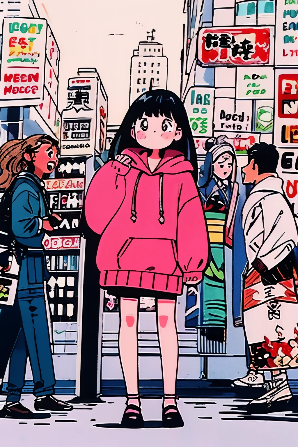 masterpiece、8K、32K、top-quality、(A cute Japanese woman:1.3)、detail portrayal、1 girl in、elegent、23years old、(Black hair bangs)、(Food Hoodie:1.35)、cityscapebackground、(Three-headed body)