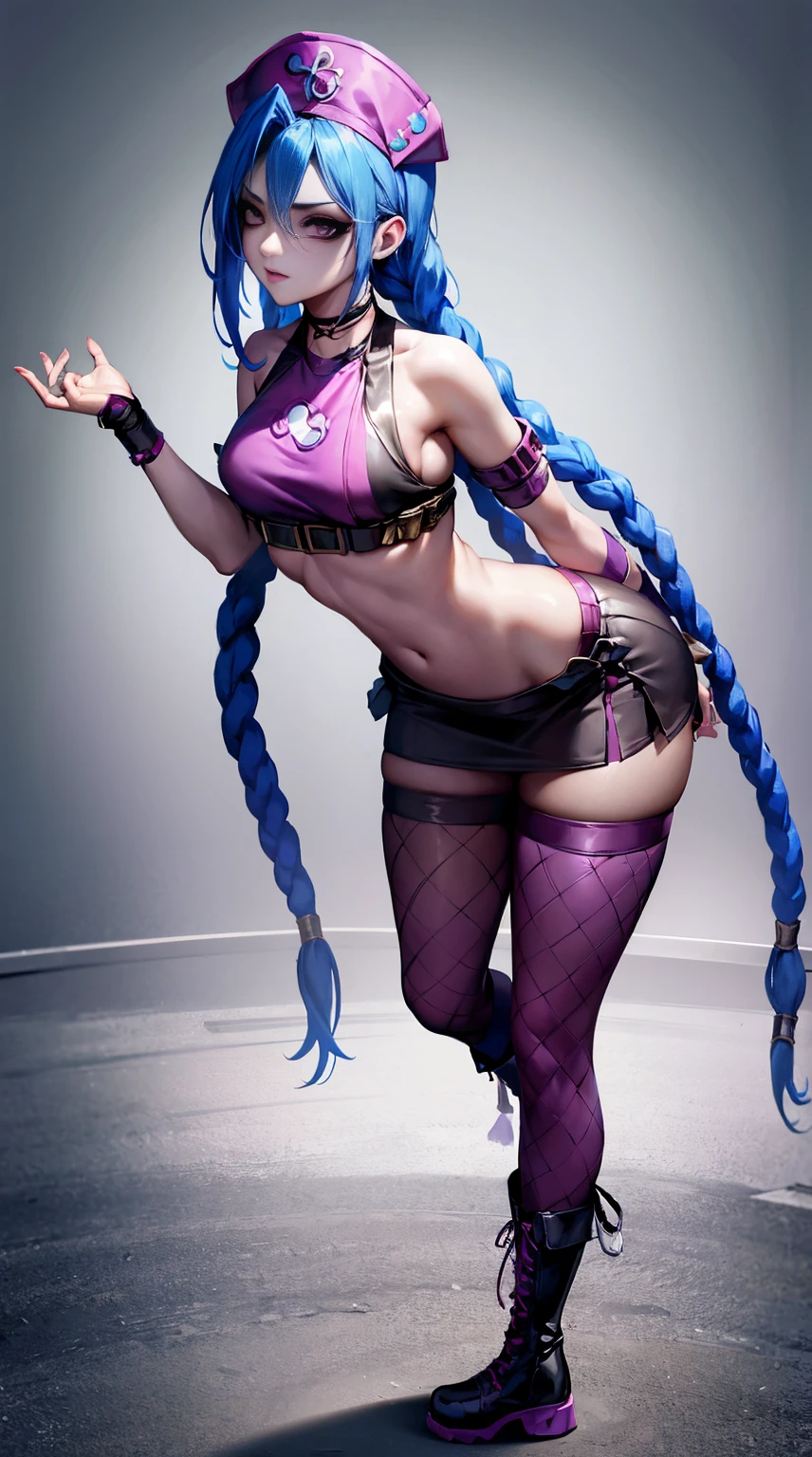 League of Legends ，Jinx nurse，nurse hat，nurse costume，Twist braids，Runaway Lori，de cuerpo completo，(kneehigh boots)),purpleish color，(fishnet leggings),(standing on your feet)，The background is dark and tough，There is a sense of danger and intensity。
