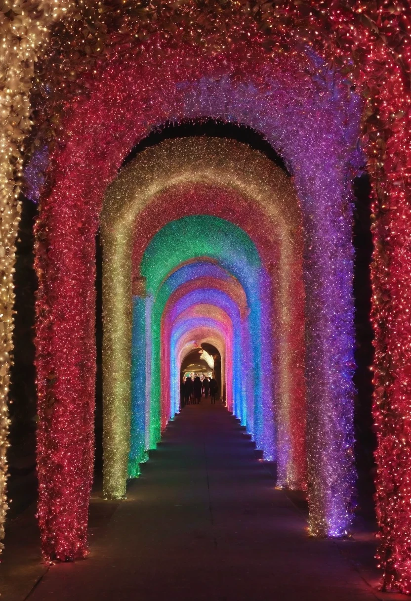 stunning christmas illuminations、Glowing lighting、illuminated tunnel、1,0 million LED lights shine、Seven colored lighting、Seven colored lighting、Seven colored lighting、Illuminated、Illuminations spread across the entire wall of the building