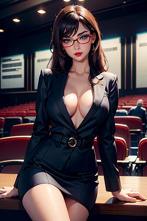 A beautiful woman, brunette, red lip, wears glasses, sexy teacher wearing a suit , blue eyes, in an University theater, Sit on a chair, Big chest, thin waist, tight clothing, naughty, Blushing, eYeliner, big eyelashes, seductive pose, in the dark , Lights off