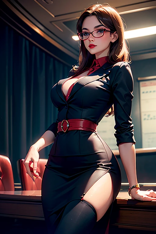 A beautiful woman, brunette, red lip, wears glasses, sexy teacher wearing a suit , blue eyes, in an University theater, Sit on a chair, Big chest, thin waist, tight clothing, naughty, Blushing, eYeliner, big eyelashes, seductive pose, in the dark , Lights off