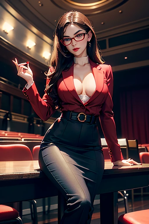 A beautiful woman, brunette, red lip, wears glasses, sexy teacher wearing a suit , blue eyes, in an University theater, Sit on a chair, Big chest, thin waist, tight clothing, naughty, Blushing, eYeliner, big eyelashes, seductive pose, in the dark , Lights off