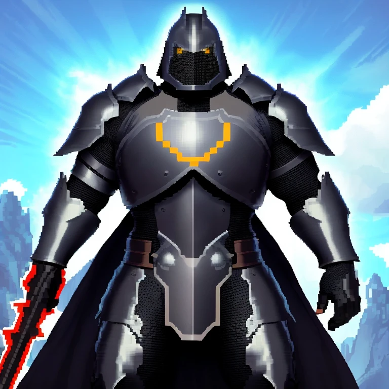 Generate pixel hero. Dressed as a knight is black heavy armor. Make the person look like a super Nintendo character. Make his armor dull and Metallic. Make the sky resemble a dusk time.