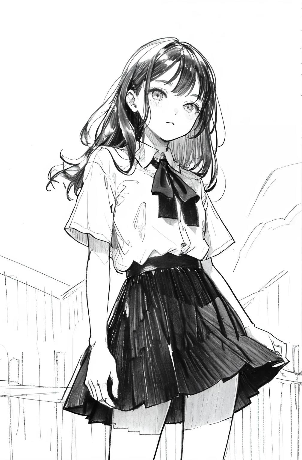 1girl in,line-drawing,monochromes,sketch,Pencil drawing,Traditional Media,1girl in, black skirt fence, long hair shirt, Short sleeves, Skirt, Solo、Standing, (Cute age woman, Solo),Beautiful portrait、Delicate body、full bodyesbian、look up to、