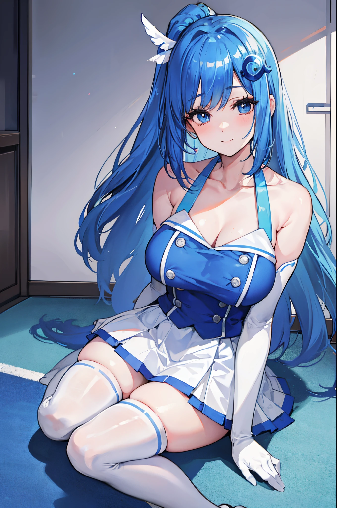 iechan, long hair, blue hair, hair ornament, large breasts, bare shoulders, white elbow gloves, collarbone, side ponytail ,white thighhighs, blue dress, pleated skirt, sitting on floor with a smile looking at viewer very curiously,