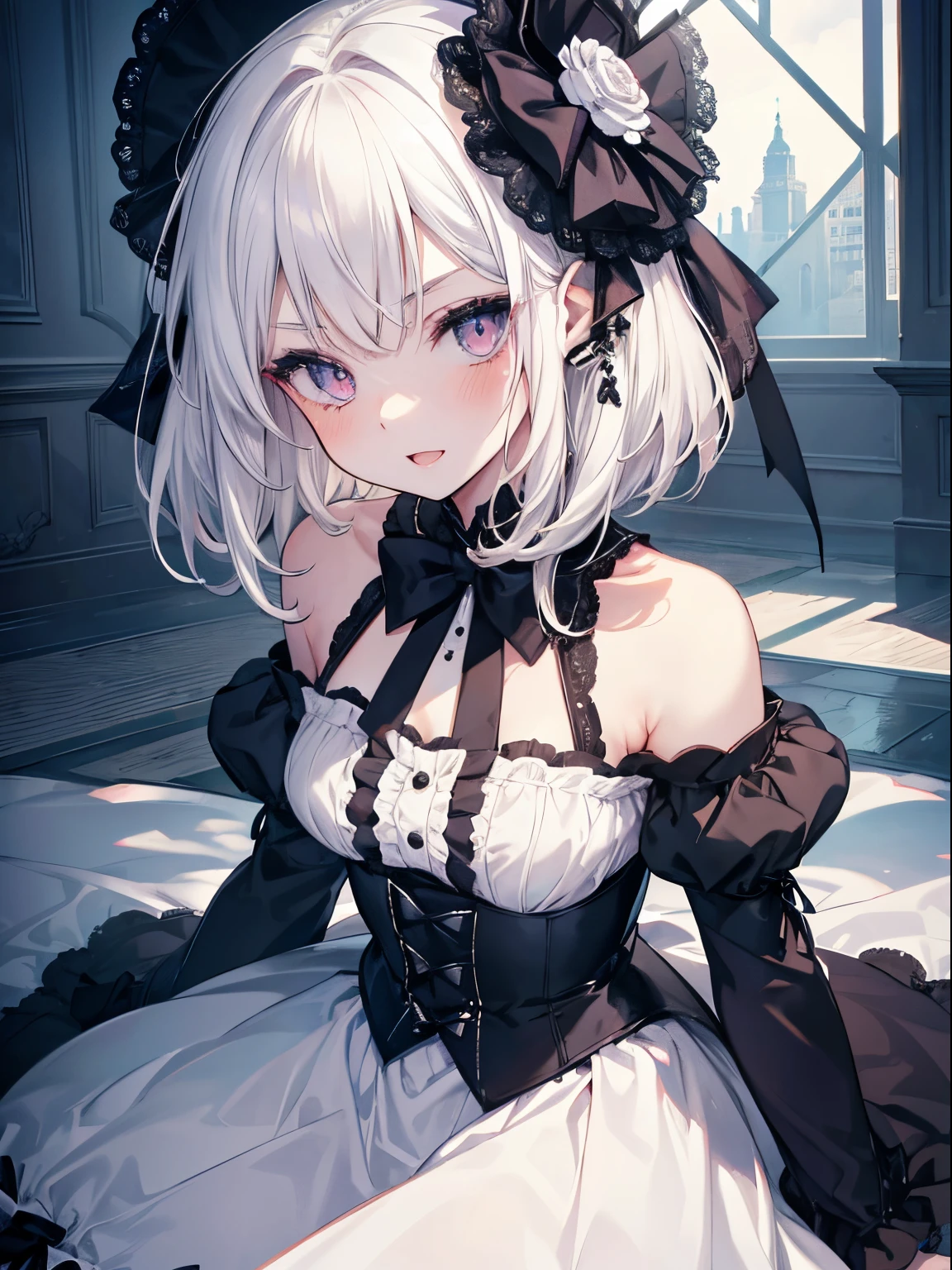 1 girl, White hair, Lori, Poor breasts, seductiv, ta, Black Dress, Black silk, Lift the skirt with both hands, White lace-rimmed panties exposed, reveal the lower abdomen