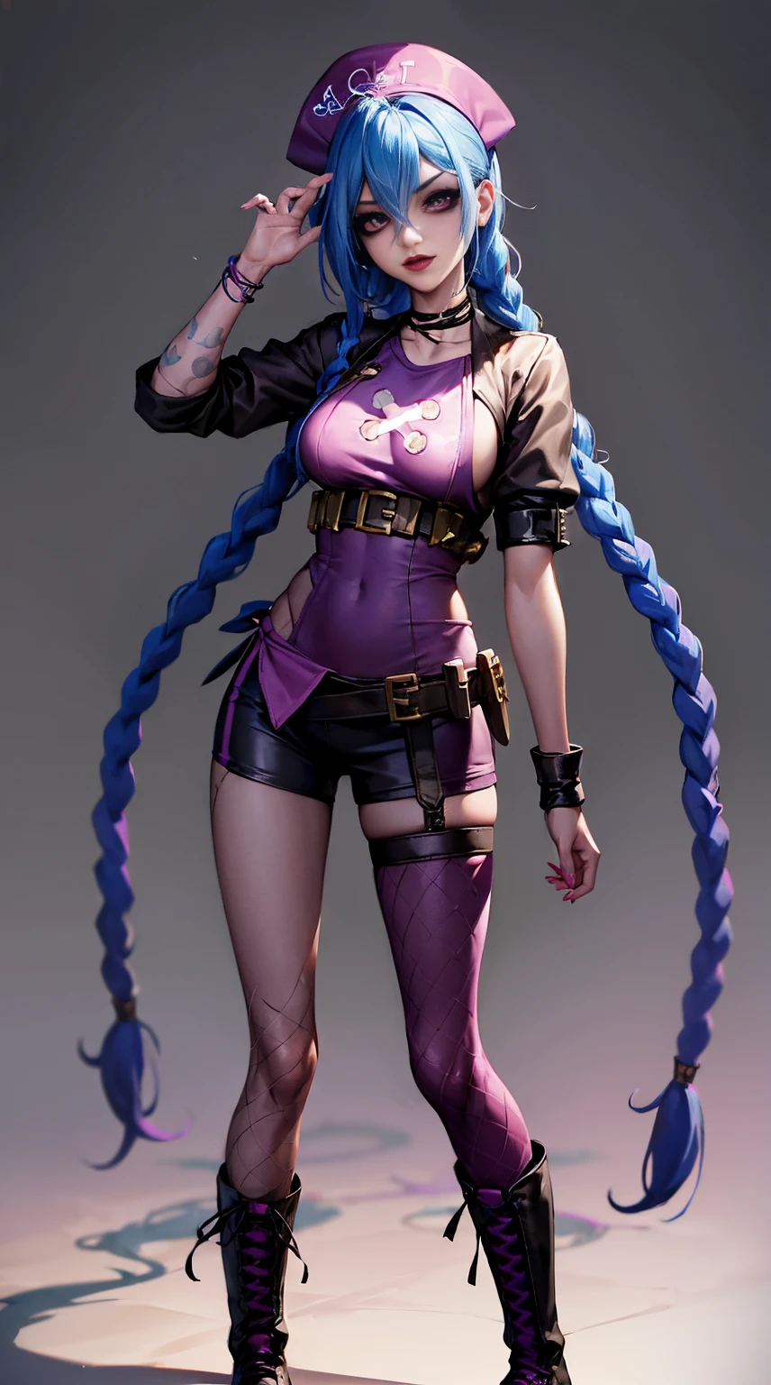 League of Legends ，Jinx nurse，nurse hat，nurse costume，Rose tattoo，big laughter，Twist braids，Runaway Lori，de cuerpo completo，(kneehigh boots)),purpleish color，(fishnet leggings),(standing on your feet)，The background is dark and tough，There is a sense of danger and intensity。