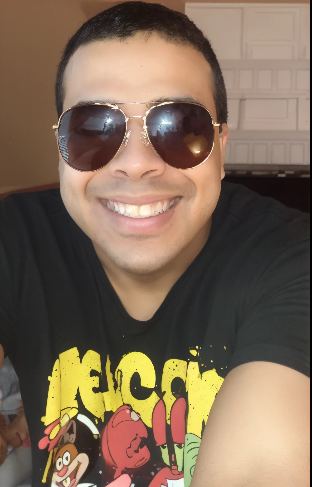 smiling Puerto rican American Male man has autism and OCD age 26yrs old man wearing sunglasses and a black shirt with a cartoon on it, says welcome to bikini bottom style spongebob sqarepants, very very low quality picture, andres rios, caio santos, avatar image, hot sexy slight nerdy smile, ronaldo nazario, frontal picture, profile pic, victor maristane, foto realista, chubby cheeks and cute dimples beautiful smile and perfect teeth hot bubblegum lips beautiful eyebrows hot brown eyes and has dark medium hair hot thick muscular body and pecs and perfect biceps hot arms hands and legs golden caramel tan skin wearing sexy top gun sunglasses