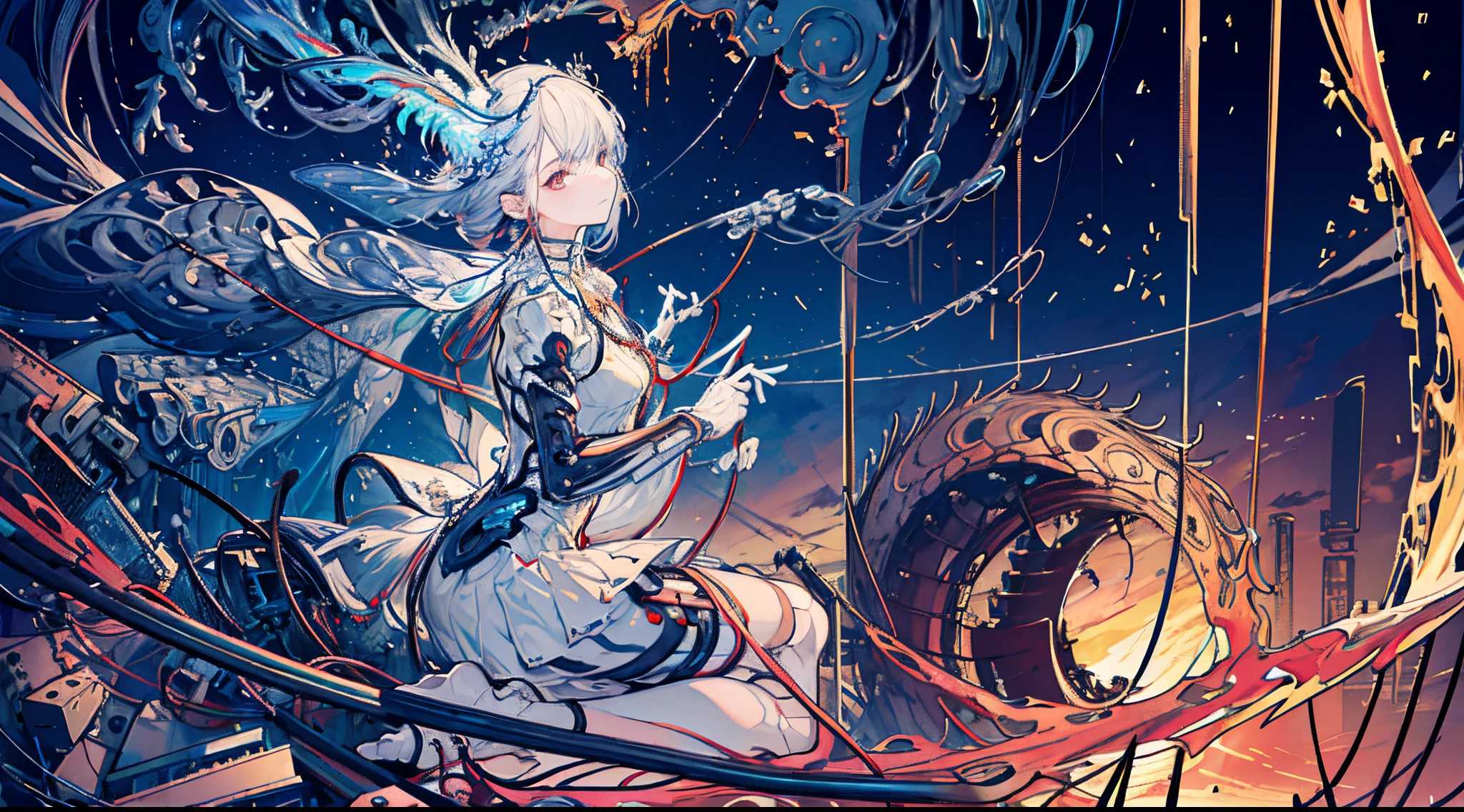 (((masterpiece))), (((best quality))), ((ultra-detailed)), (highly detailed CG illustration), ((an extremely delicate and beautiful)),(from side),cinematic light,((1mechanical girl)),solo,full body,(machine made joints:1.2),((machanical limbs)),(blood vessels connected to tubes),(mechanical vertebra attaching to back),((mechanical cervial attaching to neck)),(sitting),expressionless,(wires and cables attaching to neck:1.2),(wires and cables on head:1.2)(character focus),science fiction,extreme detailed,colorful,highest detailed