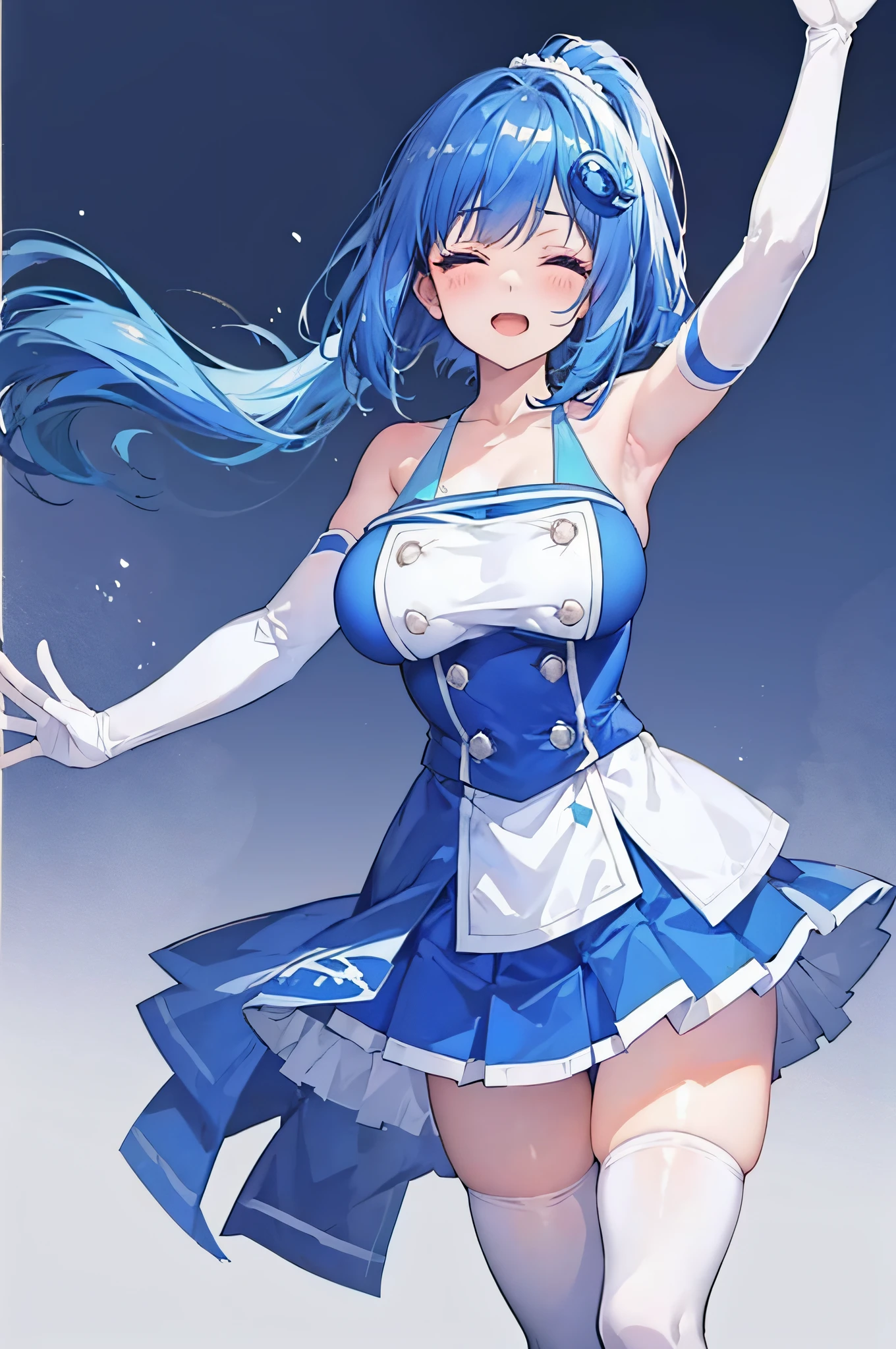 iechan,long blue hair,hair ornament,large breasts,bare shoulders,white elbow gloves.collarbone,side ponytail,white thighhighs,blue dress,pleated skirt,waving arm,simple background,eyes closed,happy,open mouth,