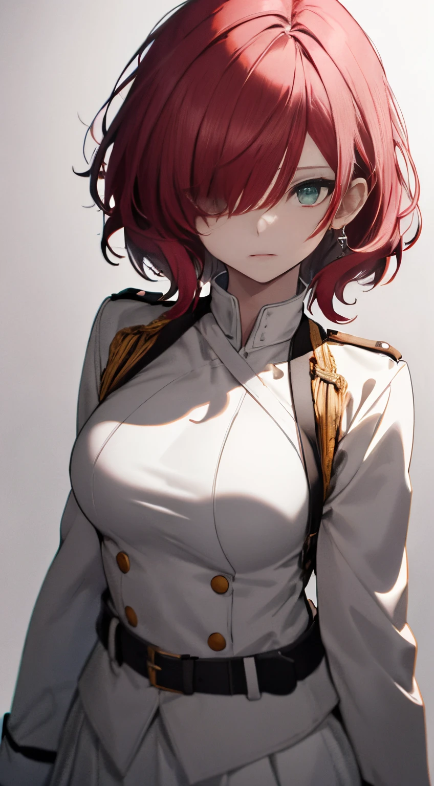 Full body, White one-piece military uniform,(masutepiece:1.2, Best Quality), (finely detailed beautiful eye: 1.2), (beautifull detailed face), High contrast, (Best Illumination, extremely delicate and beautiful), ((Cinematic Light)), Dramatic light, Intricate details, emeraldgreen eyes, Belt under boobs、White military uniform, White skirt,Wine red hair, (Pale white background:1.5),  Black tie