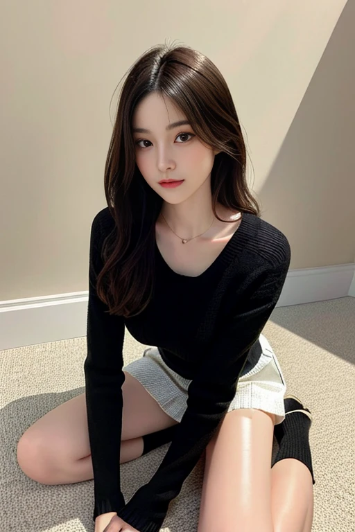 超A high resolution,masutepiece,Best Quality, Kneeling、sitting down on the floor、 
extremely delicate face,Detailed eyes,very intricate,perfect glossy shiny skins,Perfect Lighting,Detailed Lighting,Dramatic shadows,Ray tracing,
1girll,full body Esbian,Black sweater,medium breasts⁩、