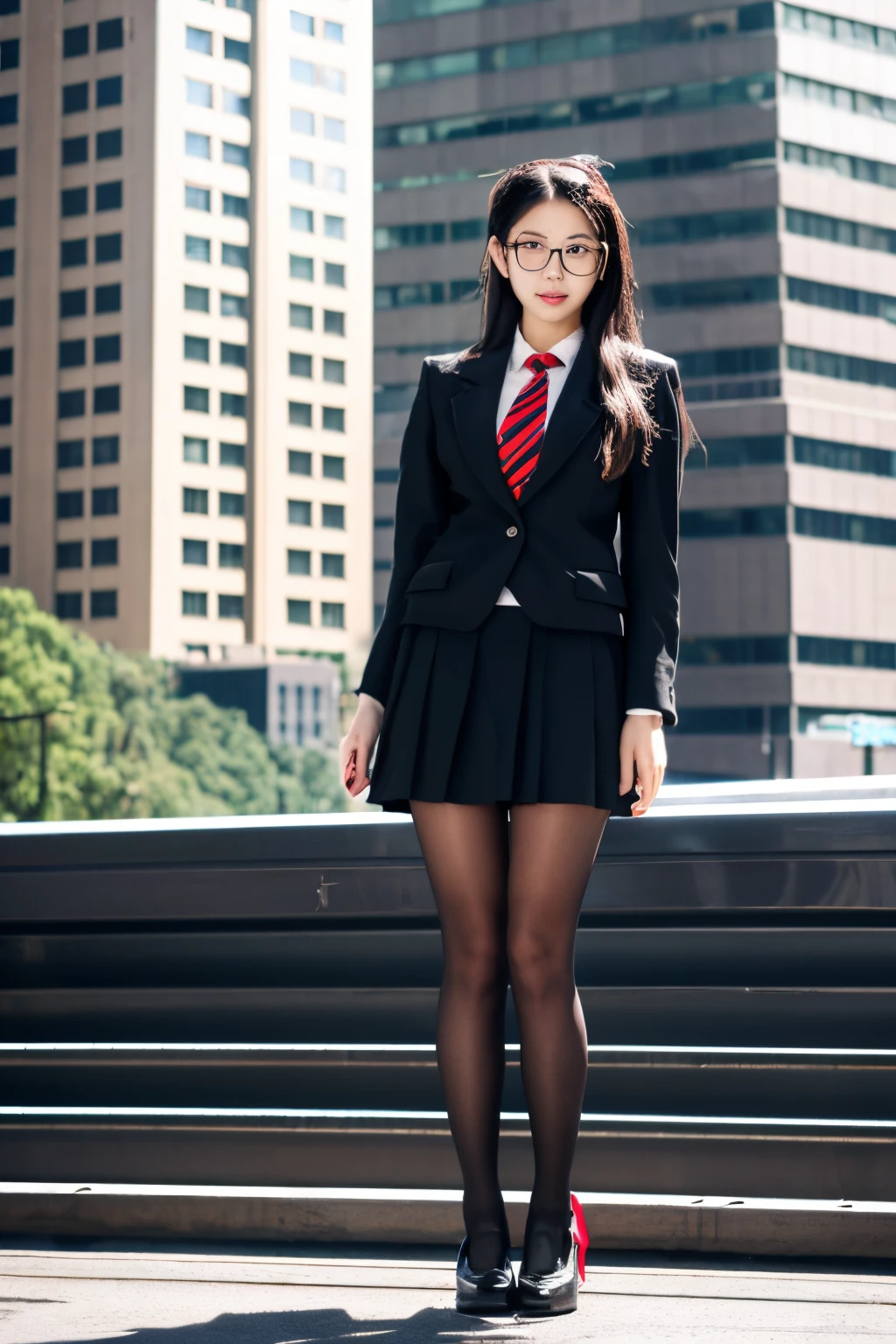 Giant high school girl 1800 meters tall。Hairstyle shortcuts。wearing rimless glasses。huge tit。Black Blazer、Red tie、Mini Length Skirt、black pantyhose、I don't wear shoes.。I&#39;m crushing the big city with my wet feet。Full body depiction。Standing Pose。