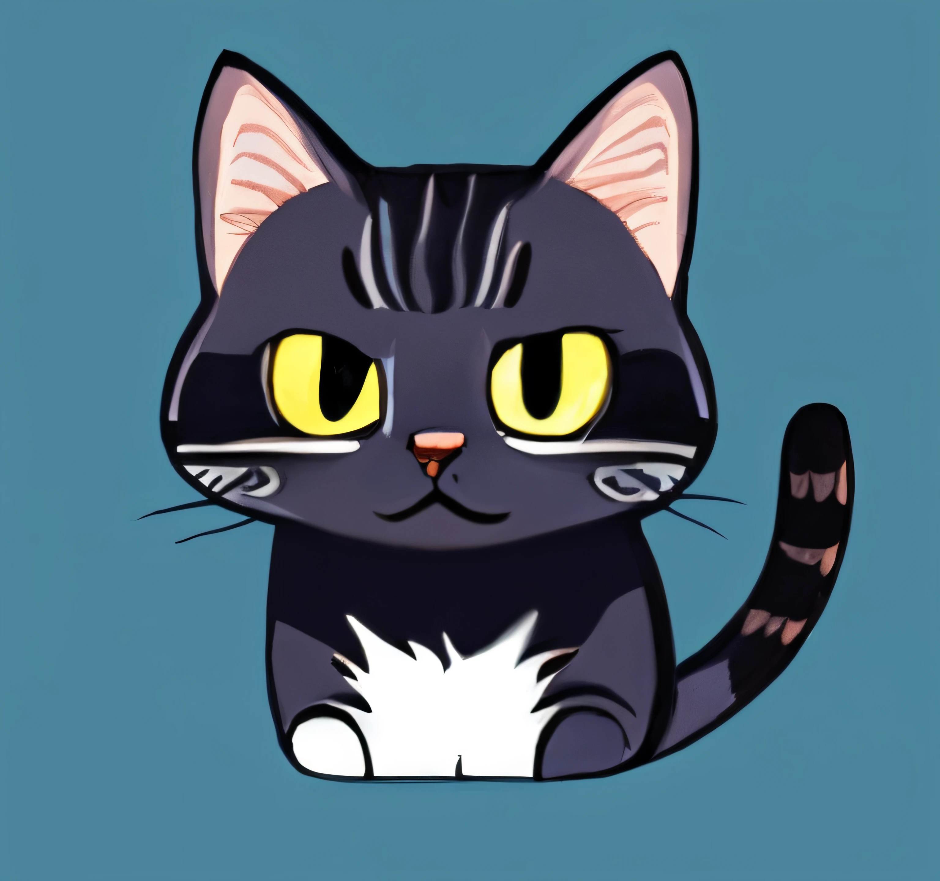 Cartoon cat with yellow eyes sitting on a blue surface, anime cat, Cat. Digital Painting, Someone, cat design, sora as a cat, realistic anime cat, anthropomorphic female cat, meow, fat chibi grey cat, Anthropomorphic cat, illustration of a cat on it, Lineless, Cat, anime visual of a cute cat, cel - shaded art style