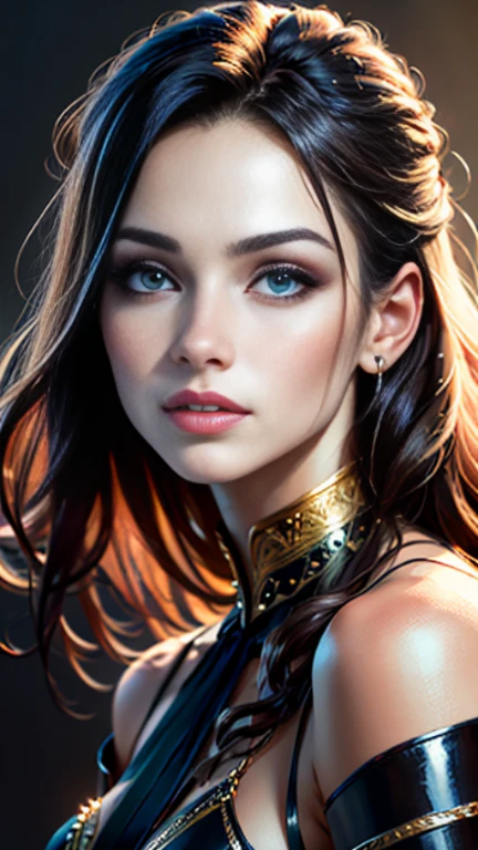 beautiful portrait of a woman, (8K, hight resolution, extra high resolution, High quality image, ultra realisic, beste-Qualit, tmasterpiece: 1.2), Detailed eyes and face, long eyelashes, rosy cheeks, Soft & Flawless Skin, Exquisite make-up, hair fluttering in the wind,Feminine facial features,jaw dropping beauty,Focused gaze,Graceful posture,Colorful and bright background,professional studio lighting,Photorealistic visualization,precise and intricate details,Impeccable craftsmanship,Creative composition,bright colours,subtle and balanced color tones,soft and diffuse lighting, Depth and dimension, artistic mixture of realism and fantasy.